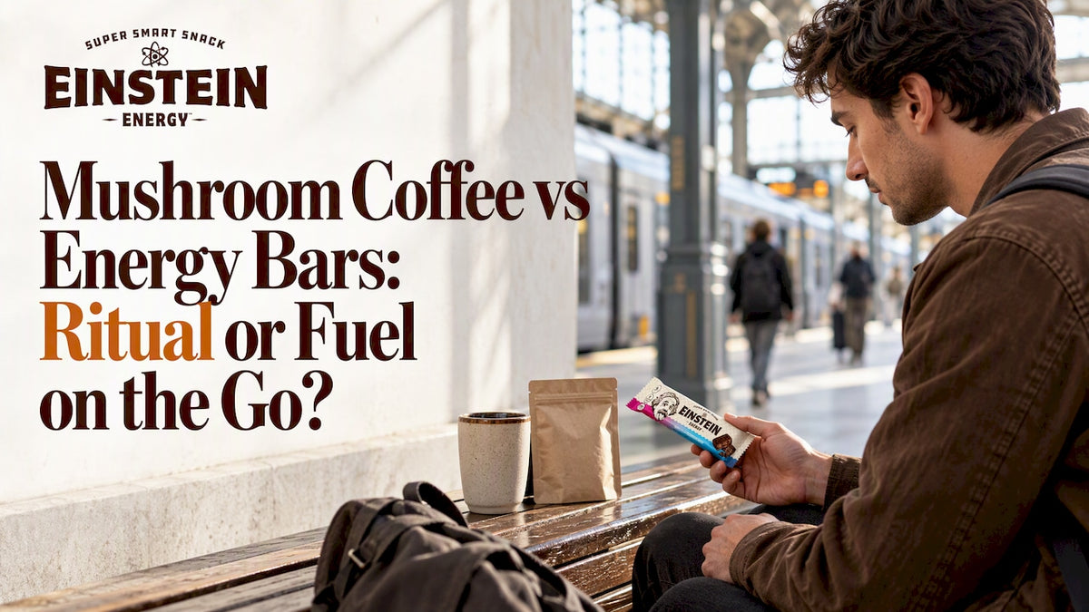 Commuter choosing between coffee and an energy bar