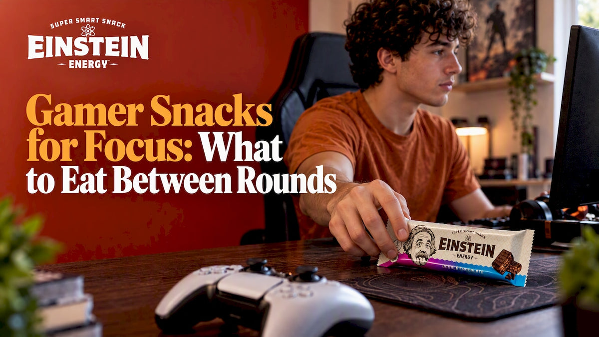 Gamer reaching for an Einstein Energy bar
