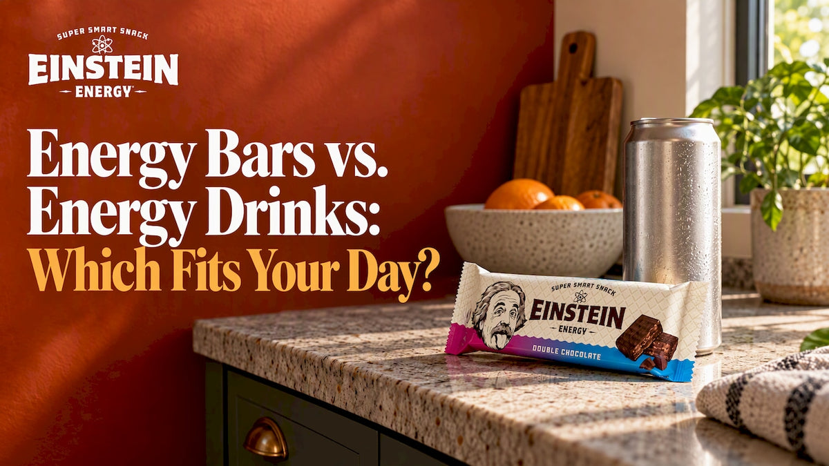 Einstein Energy bar beside an energy drink