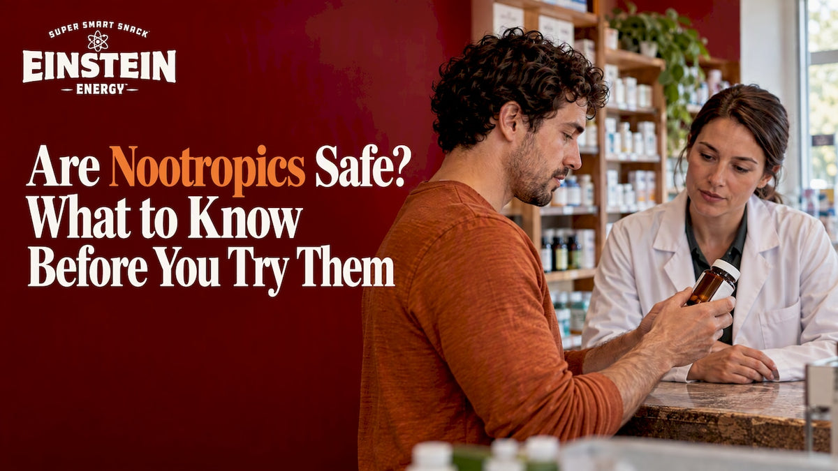 Customer checking a supplement bottle with pharmacist